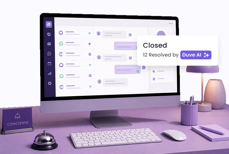 DuveAI dashboard displayed on a desktop screen, showcasing advanced hotel technology for guest experience and messaging automation