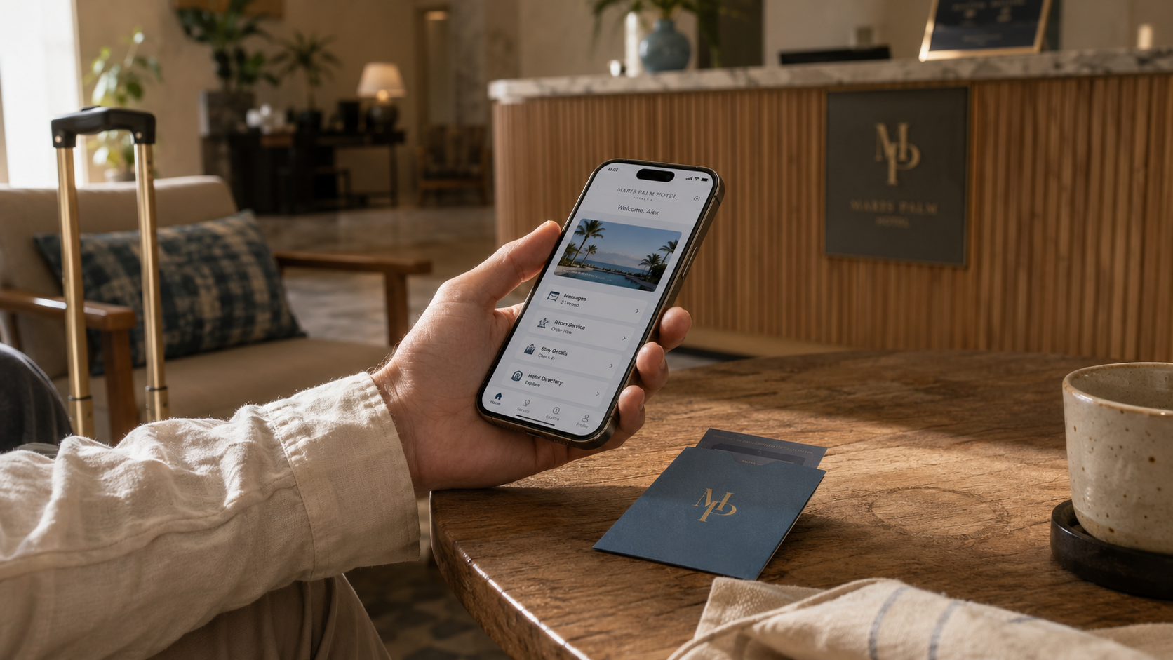 Guest holds a hotel-branded app and matching keycard in a boutique lobby, showing a white-label guest experience.