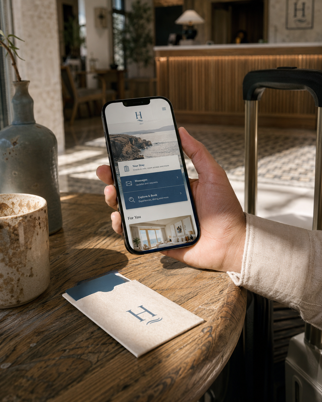Close view of a guest using a hotel-branded app beside a matching keycard in a boutique lobby.