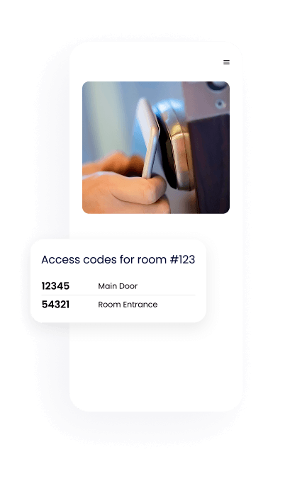 Duve app displaying door access codes for a guest's room alongside a phone unlocking a keypad lock