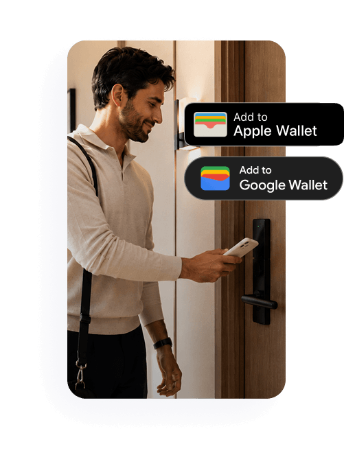 Hotel guest unlocking a room door with their phone, using a mobile key added to Apple Wallet or Google Wallet