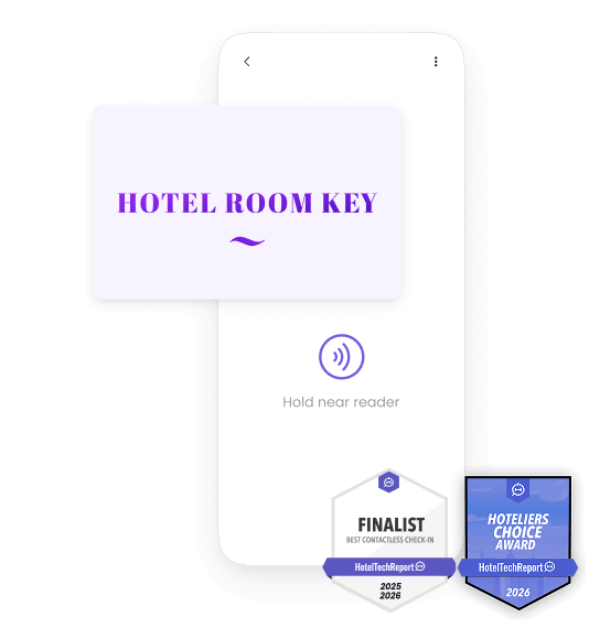 Smartphone showing a digital hotel room key on the Duve app, held near a contactless reader