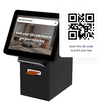 Self-service kiosk where a guest scans a QR code to print their hotel room key card