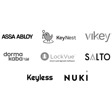 Logos of smart lock partners that integrate with Duve mobile keys, including ASSA ABLOY, dormakaba, SALTO, and Nuki