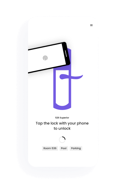 Duve app screen prompting the guest to tap their phone on the lock to unlock the room