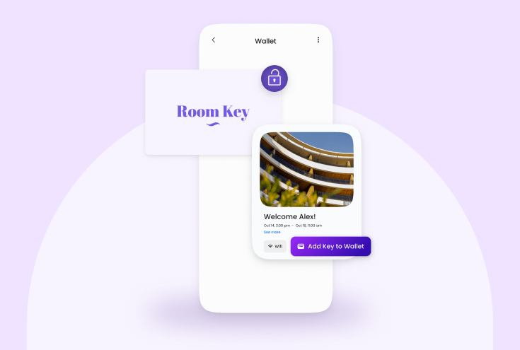 Hotel wallet key in a phone showing a branded Room Key pass and guest welcome screen